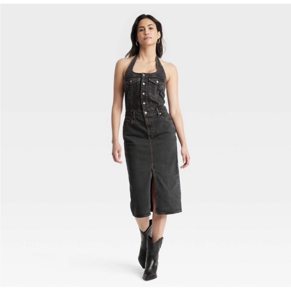 Women's Denim MIDI Dress - Universal Thread Black Wash: Sleeveless Halter - Picture 2 of 3